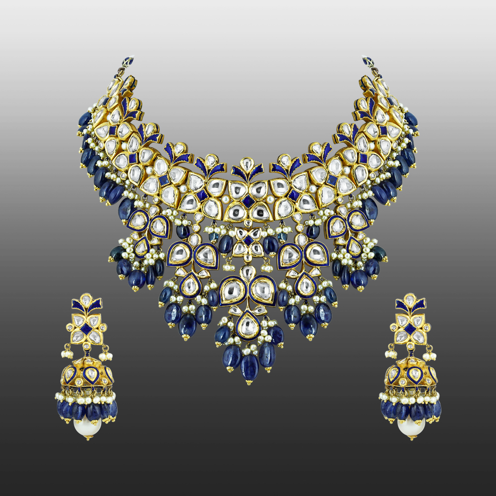 Polki Necklace Set with Blue Sapphire and Pearl Drops